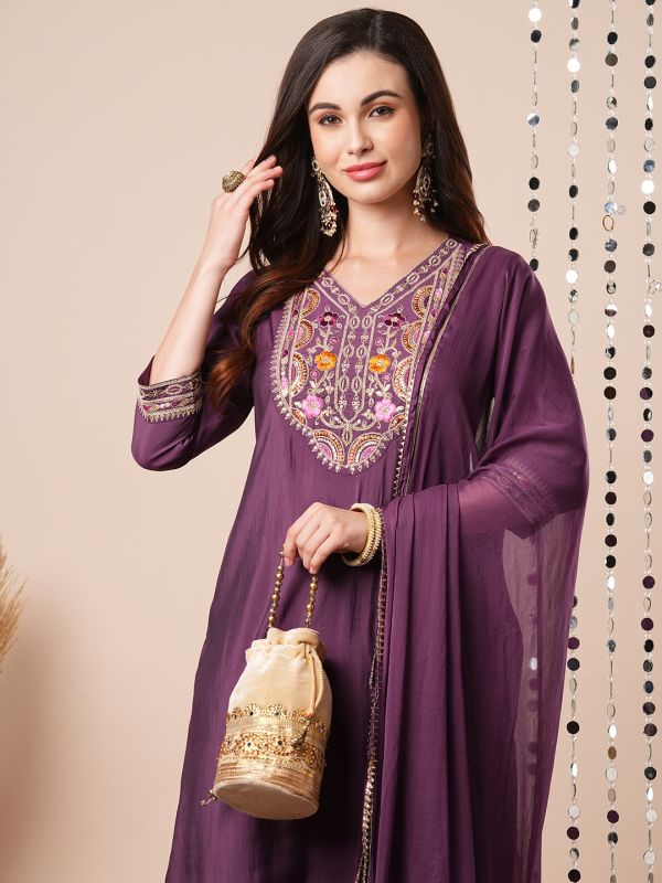 Globus Women Purple Sequinned & Floral Embroidered V-Neck Straight Festive Kurta With Afghani Pants & Dupatta