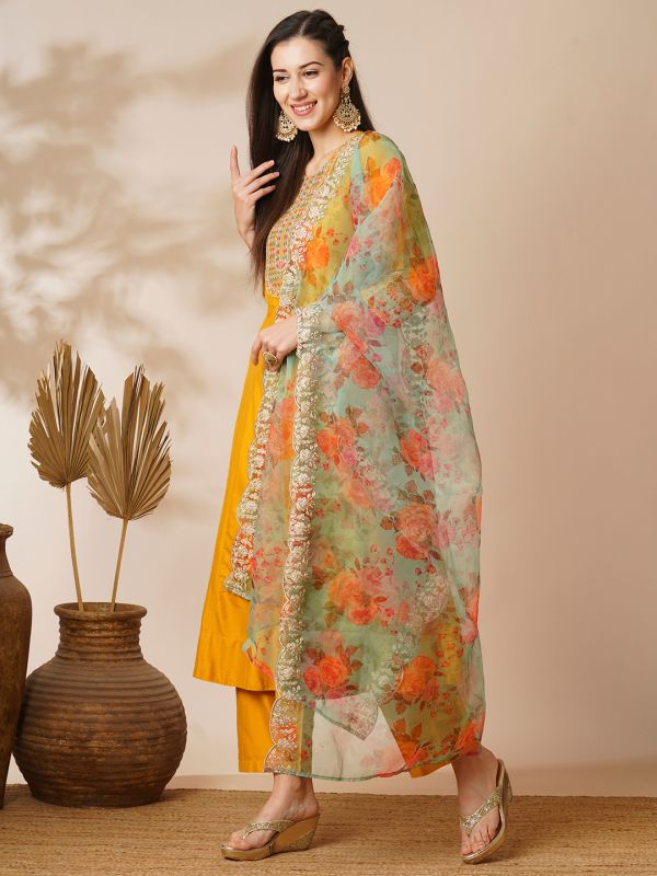 Globus Women Yellow Embroidered Yoke Panelled Anarkali Kurta With Pants & Scalloped Border Organza Dupatta Festive Set