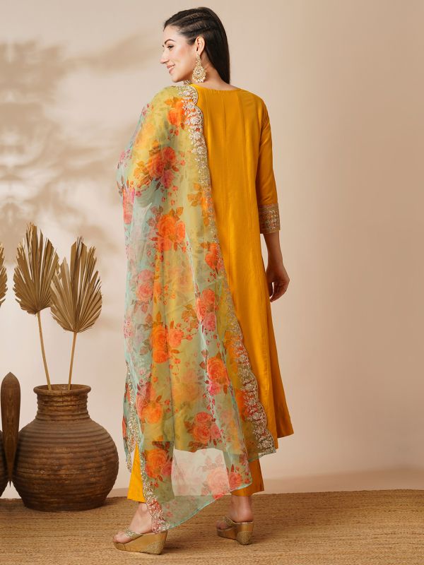 Globus Women Yellow Embroidered Yoke Panelled Anarkali Kurta With Pants & Scalloped Border Organza Dupatta Festive Set