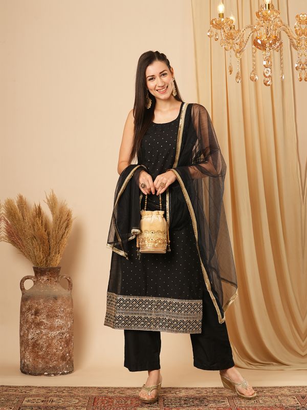 Globus Women Black Gold Foil Polka Dots Sequinned Border Straight Kurta, Elasticated Pants & Fringe Dupatta Festive Set