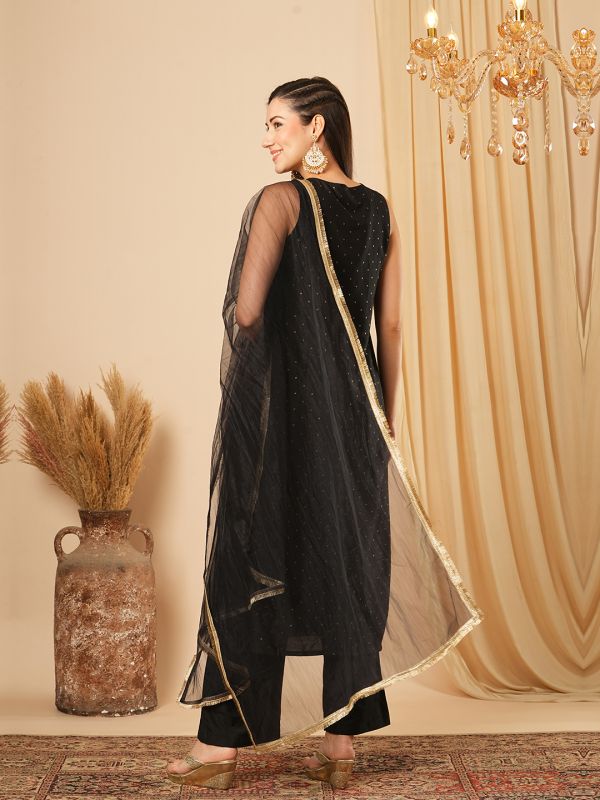 Globus Women Black Gold Foil Polka Dots Sequinned Border Straight Kurta, Elasticated Pants & Fringe Dupatta Festive Set