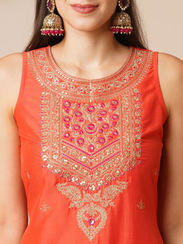 Globus Women Orange Sequin Embroidered Yoke Straight Kurta With Sharara & Patched Lace Contrast Dupatta Festive Set