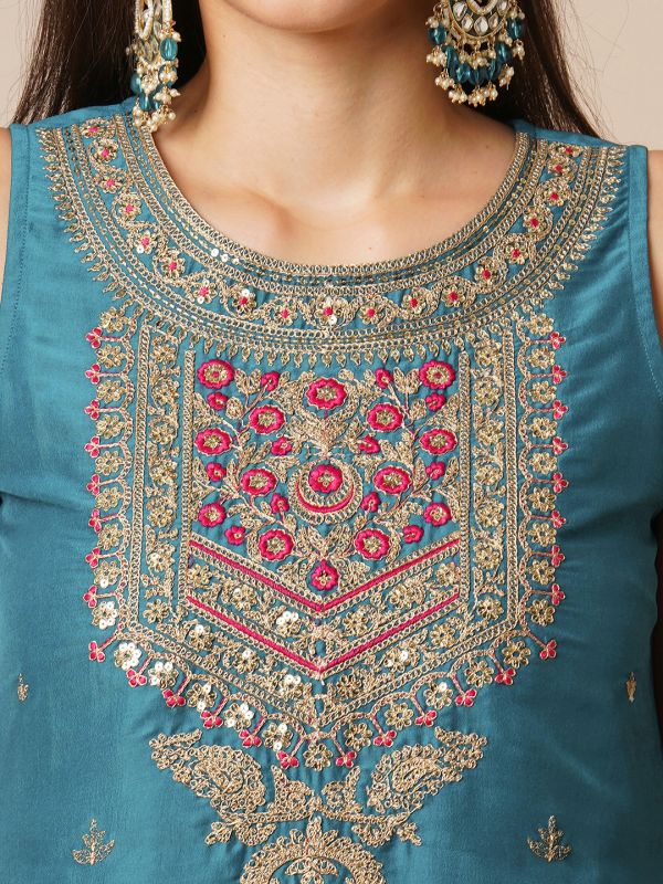 Globus Women Teal Sequin Embroidered Yoke Straight Kurta With Sharara & Patched Lace Contrast Dupatta Festive Set