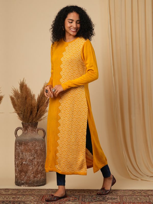 Globus Women Mustard Round Neck Full Sleeves Geometric Print Placement Weave Knitted Loose Fit Calf Length Winter Wear Kurta