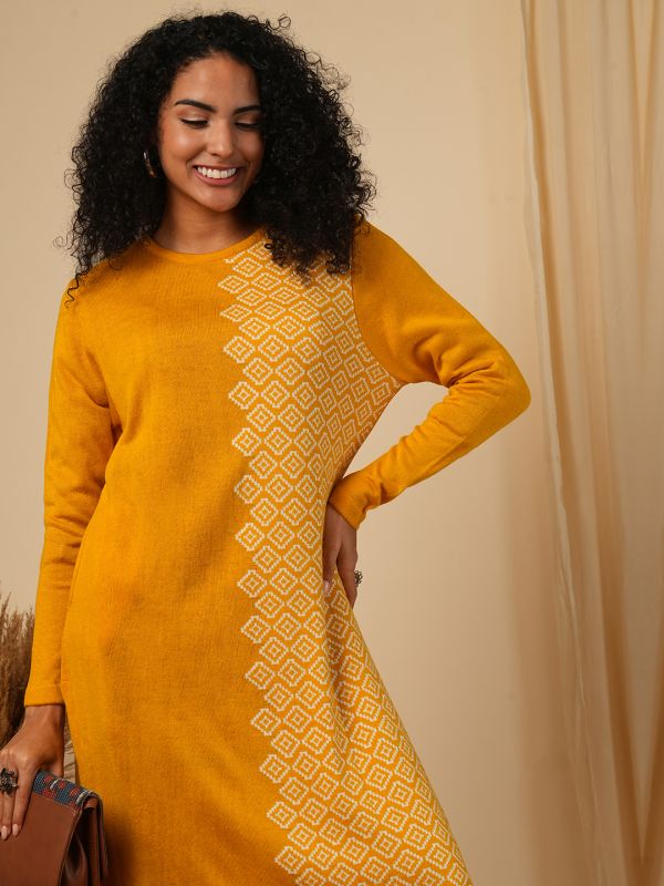 Globus Women Mustard Round Neck Full Sleeves Geometric Print Placement Weave Knitted Loose Fit Calf Length Winter Wear Kurta