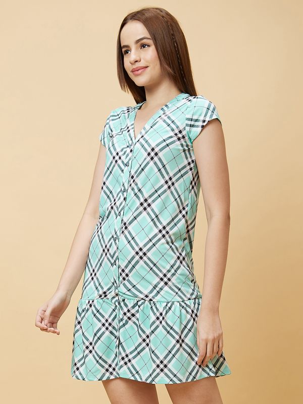 Globus Women Green Checked Flared V-Neck Tiered A-Line Flared Mini Dress