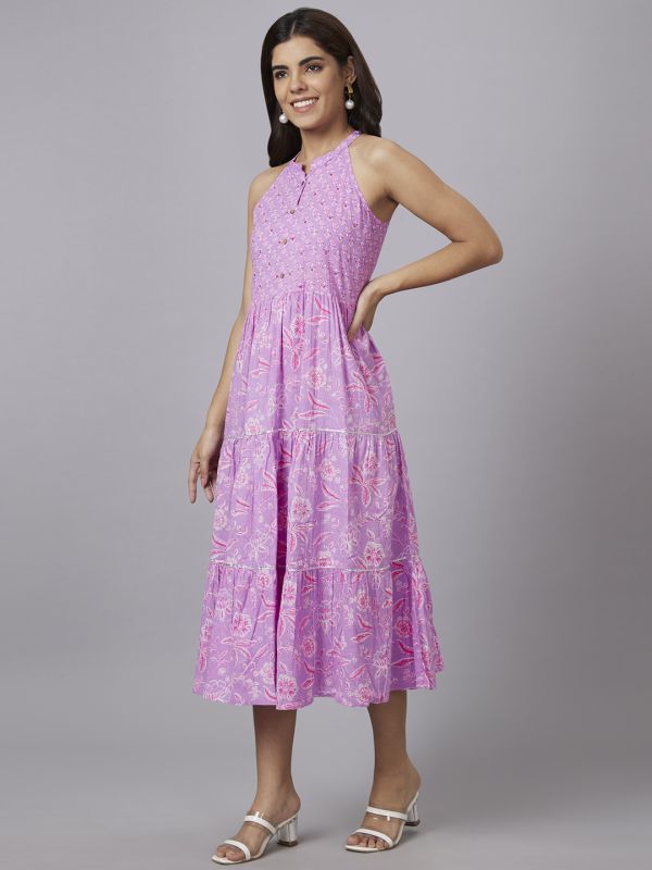 Globus Women Mauve Printed Mandarin Collar Fit and Flare Midi Tiered Dress