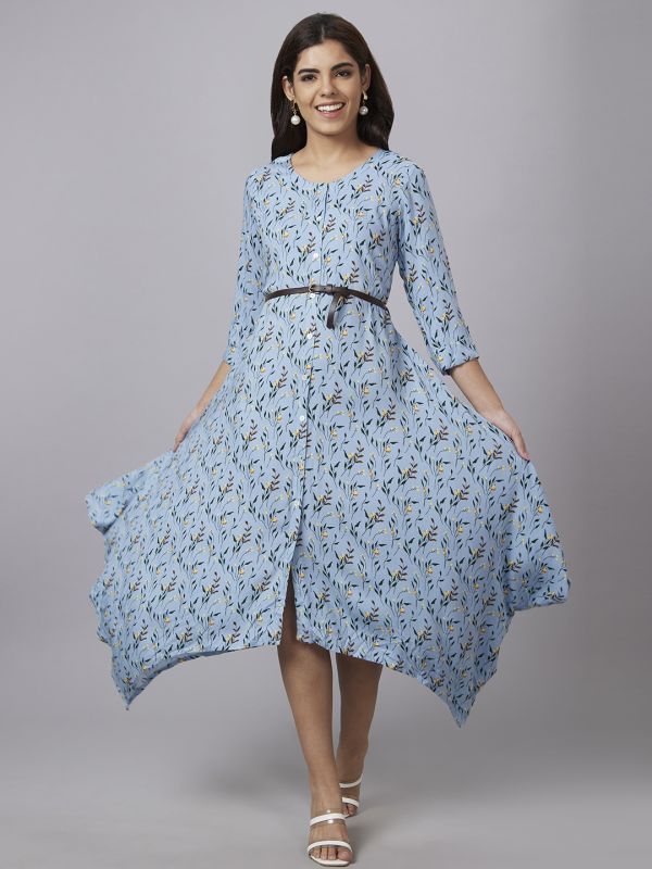 Globus Women Blue Printed Round Neck A-Line Belted Midi Dress