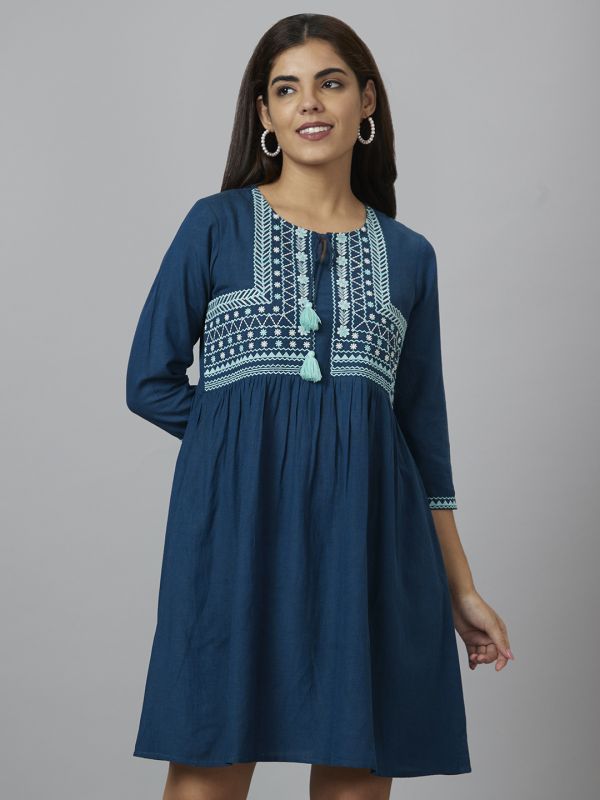 Globus Women Teal Embroidered A-Line Dress