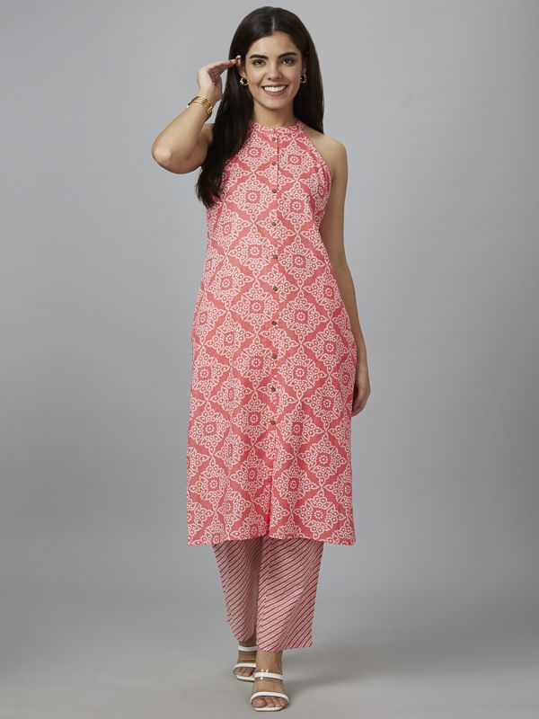 Globus Women Peach Printed Straight Kurta Set with Pyjama