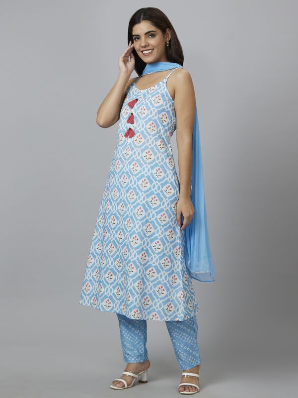 Globus Women Blue Printed Straight Kurta Set with Trouser and Dupatta