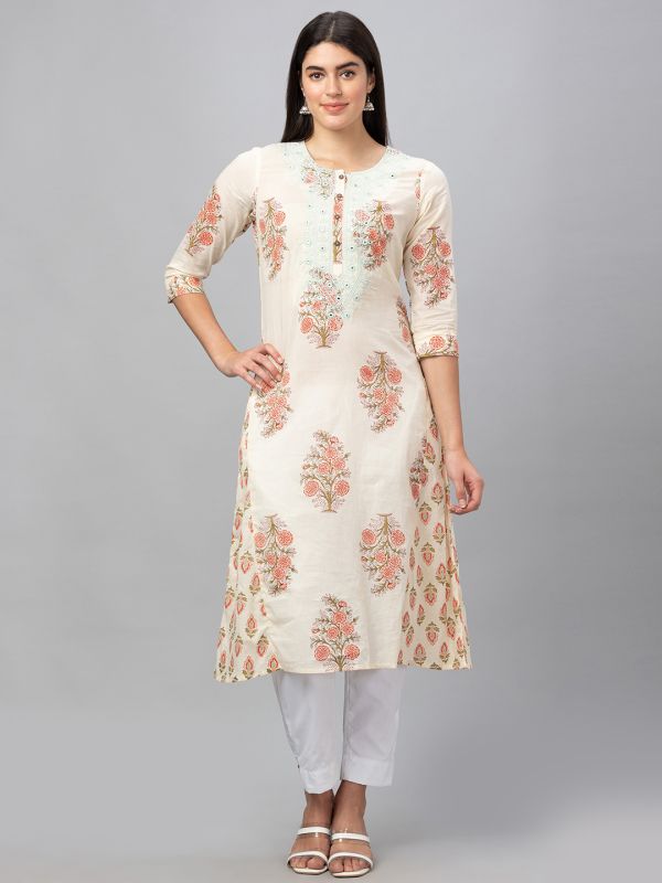 Globus Women Ecru Printed Round Neck 3/4 Sleeves Panelled A-Line Kurta