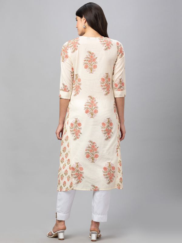 Globus Women Ecru Printed Round Neck 3/4 Sleeves Panelled A-Line Kurta