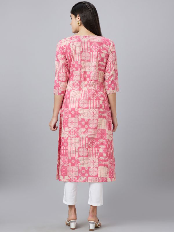 Globus Women Pink Printed Round Neck A-Line Kurta