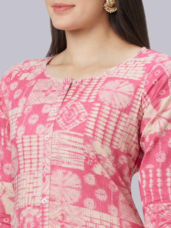 Globus Women Pink Printed Round Neck A-Line Kurta