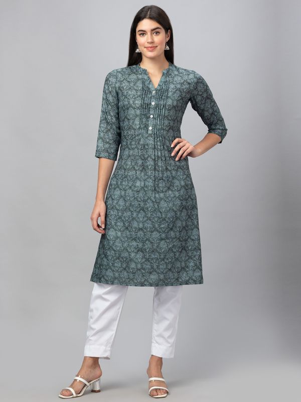 Globus Women Green Mandarin Collar A-Line Printed Kurta With Pleat Detail