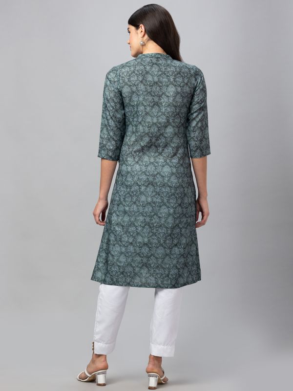 Globus Women Green Mandarin Collar A-Line Printed Kurta With Pleat Detail