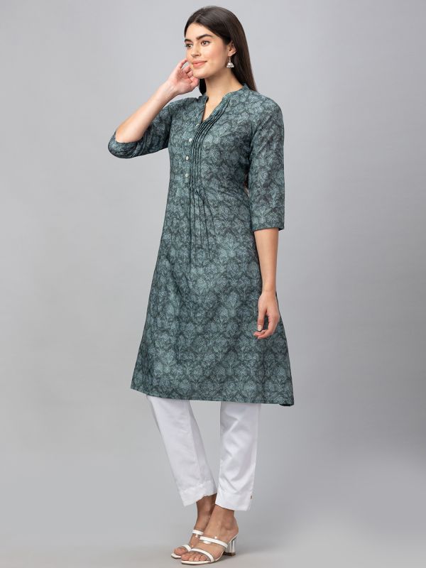 Globus Women Green Mandarin Collar A-Line Printed Kurta With Pleat Detail