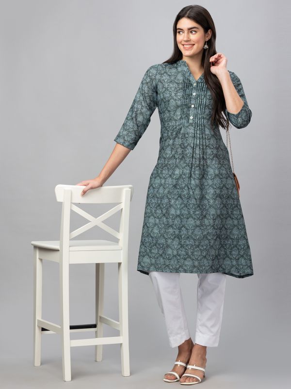 Globus Women Green Mandarin Collar A-Line Printed Kurta With Pleat Detail