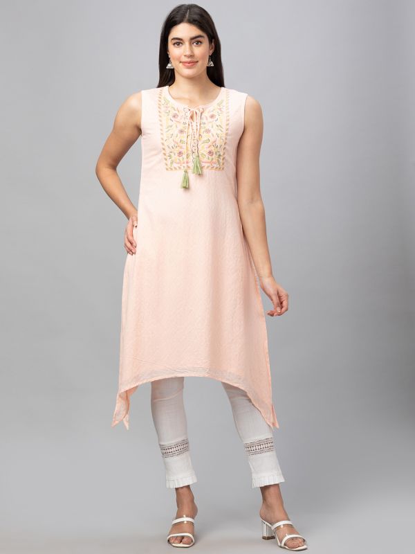 Globus Women Pink Round Tie-Up Neck Solid Yoke Embroidered Kurta With Asymmetrical Hem