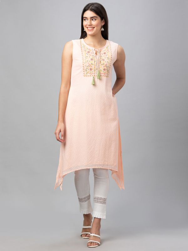 Globus Women Pink Round Tie-Up Neck Solid Yoke Embroidered Kurta With Asymmetrical Hem