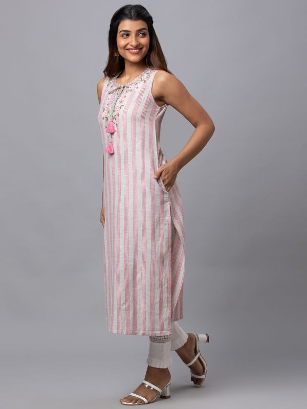 Globus Women Pink Striped Round Tie-Up Neck Sleeveless Yarn Dyed Kurta