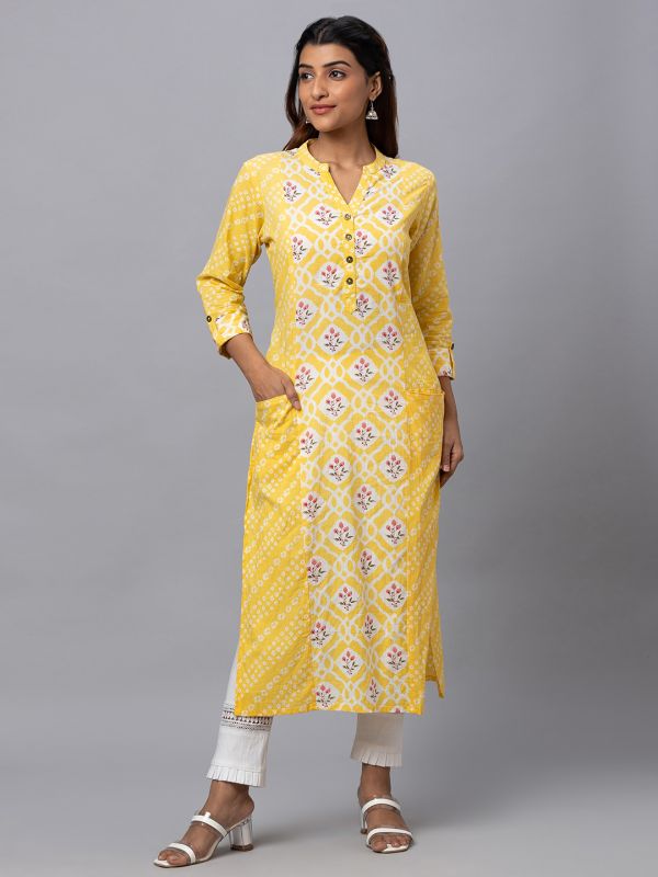 Globus Women Yellow Printed Mandarin Collar 3/4 Sleeves Straight Kurta