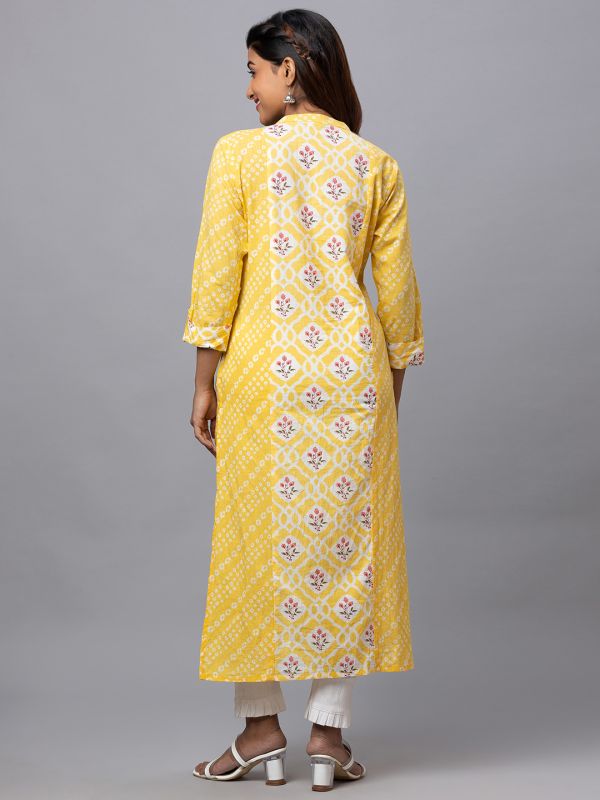 Globus Women Yellow Printed Mandarin Collar 3/4 Sleeves Straight Kurta