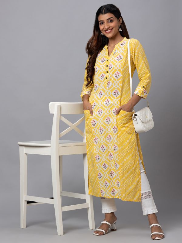 Globus Women Yellow Printed Mandarin Collar 3/4 Sleeves Straight Kurta