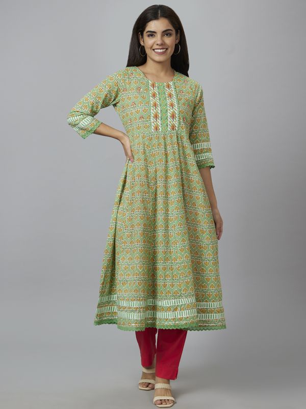 Globus Women Green Printed Anarkali Kurta