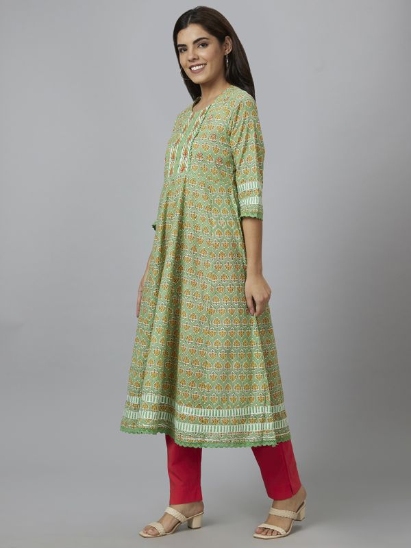 Globus Women Green Printed Anarkali Kurta