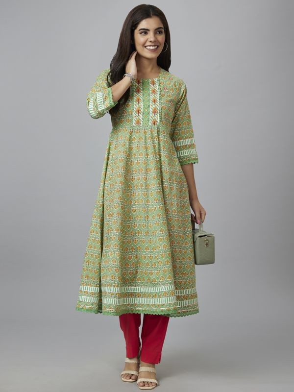 Globus Women Green Printed Anarkali Kurta