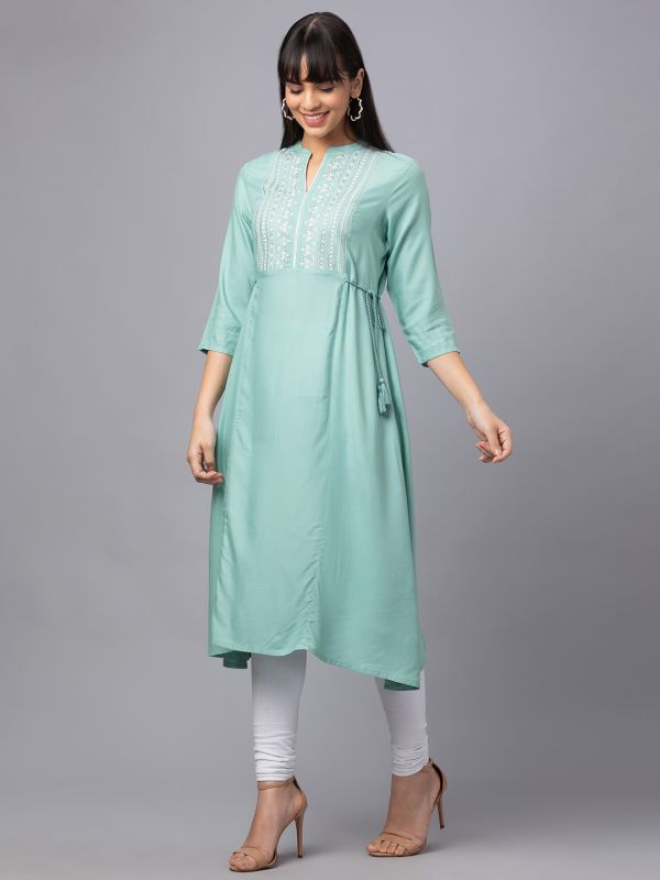 Globus Women Sea Green Mandarin Collar Solid Yoke Embroidered Panelled Kurta With Side Tie Ups