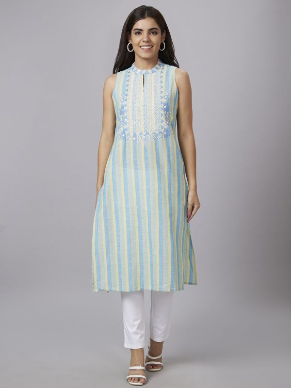 Globus Women Multi Yellow Striped Mandarin Collar Straight Kurta