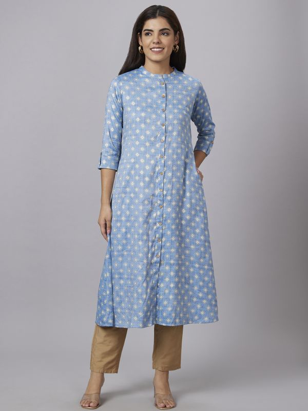 Globus Women Blue Printed Mandarin Collar Straight Kurta