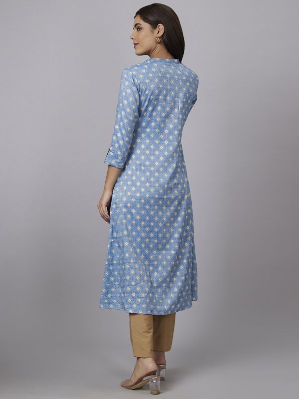 Globus Women Blue Printed Mandarin Collar Straight Kurta