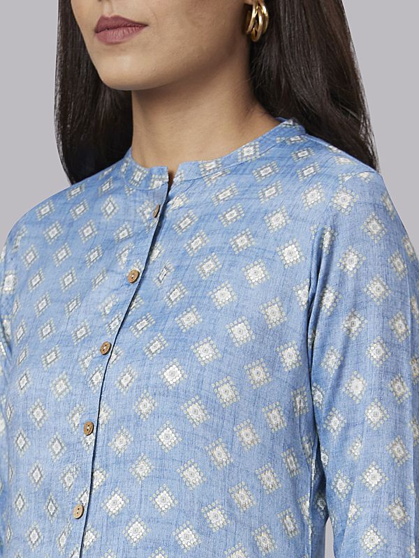 Globus Women Blue Printed Mandarin Collar Straight Kurta