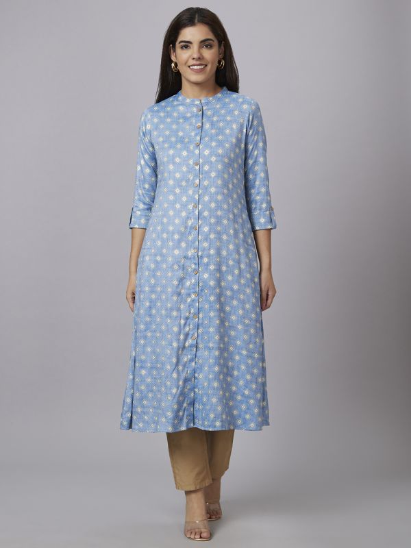 Globus Women Blue Printed Mandarin Collar Straight Kurta