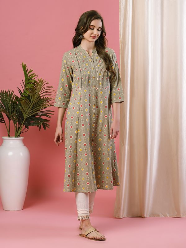 Globus Women Green Printed Mandarin Collar A-Line Kurta