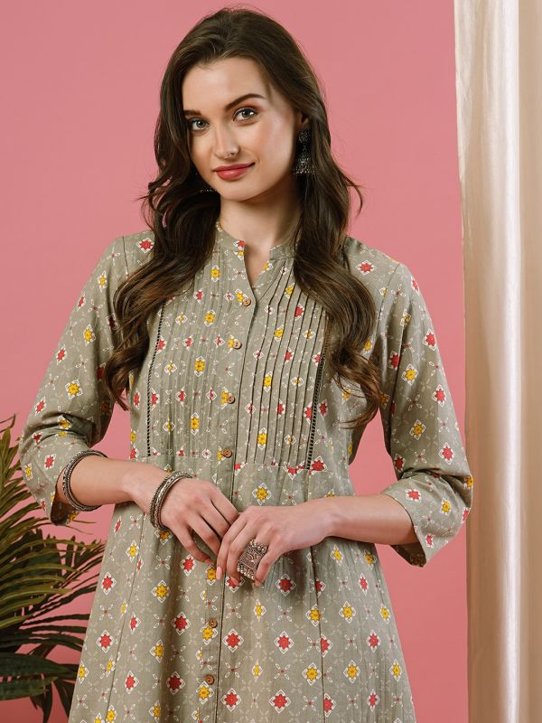 Globus Women Green Printed Mandarin Collar A-Line Kurta