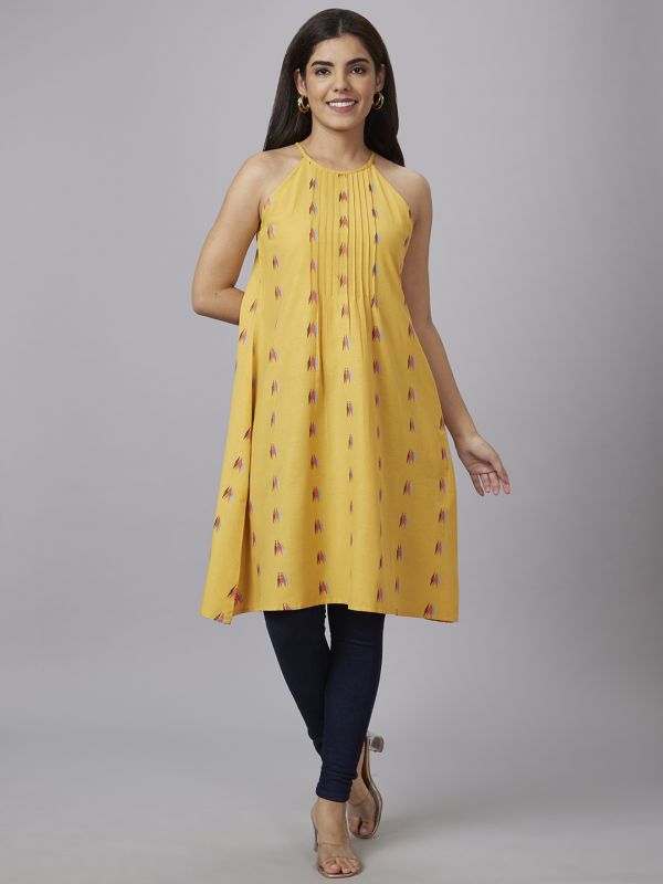 Globus Women Yellow Printed Round Neck A-Line Kurta