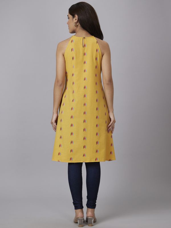 Globus Women Yellow Printed Round Neck A-Line Kurta