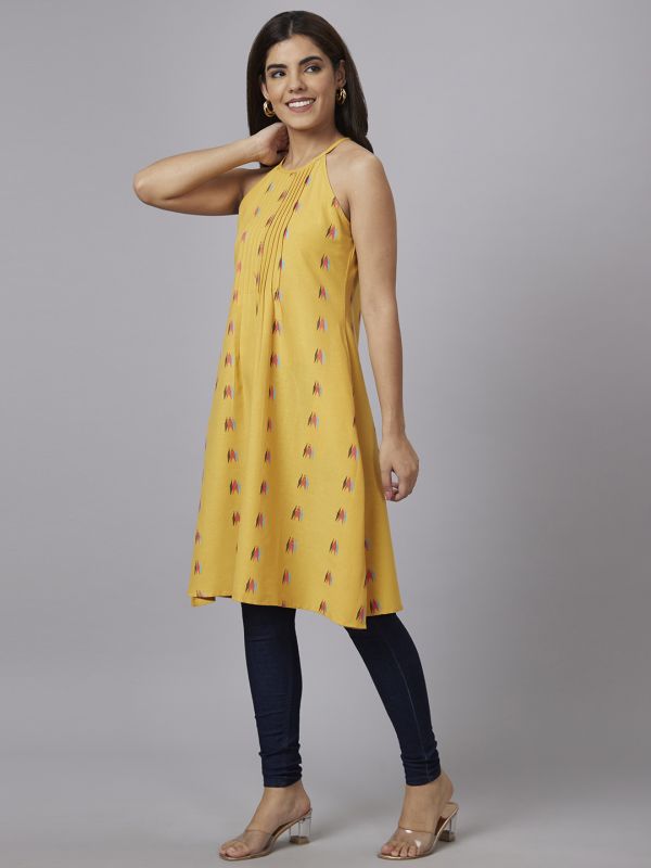 Globus Women Yellow Printed Round Neck A-Line Kurta