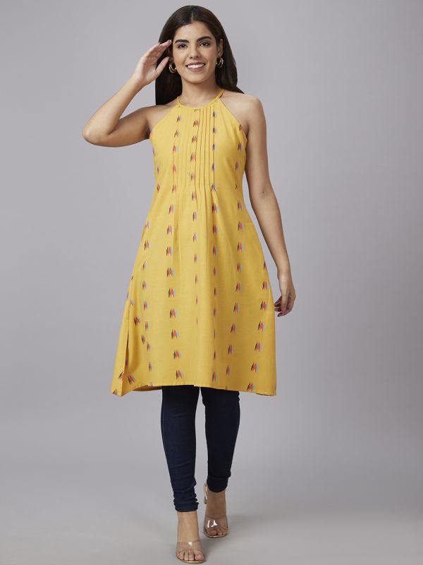 Globus Women Yellow Printed Round Neck A-Line Kurta