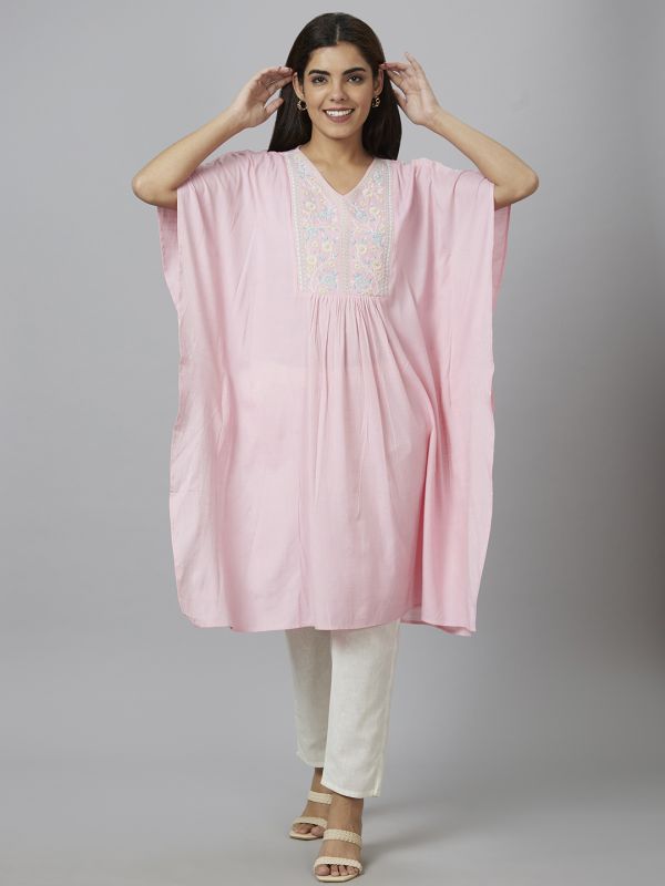 Globus Women Pink Embroidered Kaftan Kurta