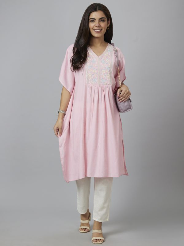 Globus Women Pink Embroidered Kaftan Kurta