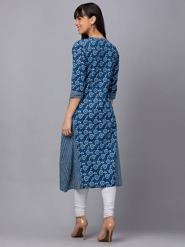 Globus Women Indigo Round Neck Printed A-Line Kurta With 3/4 Sleeves