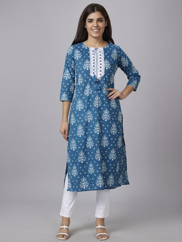 Globus Women Teal Printed Round Neck Straight Kurta