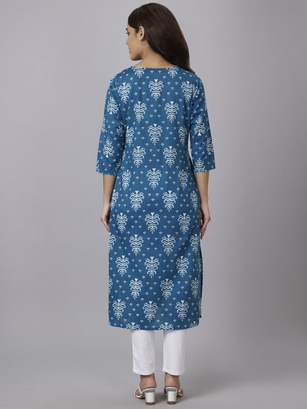 Globus Women Teal Printed Round Neck Straight Kurta