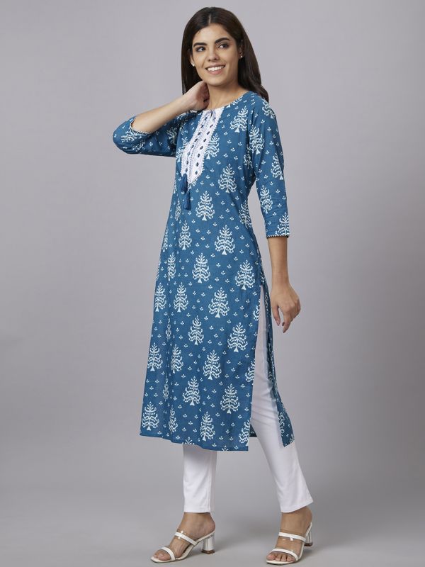 Globus Women Teal Printed Round Neck Straight Kurta